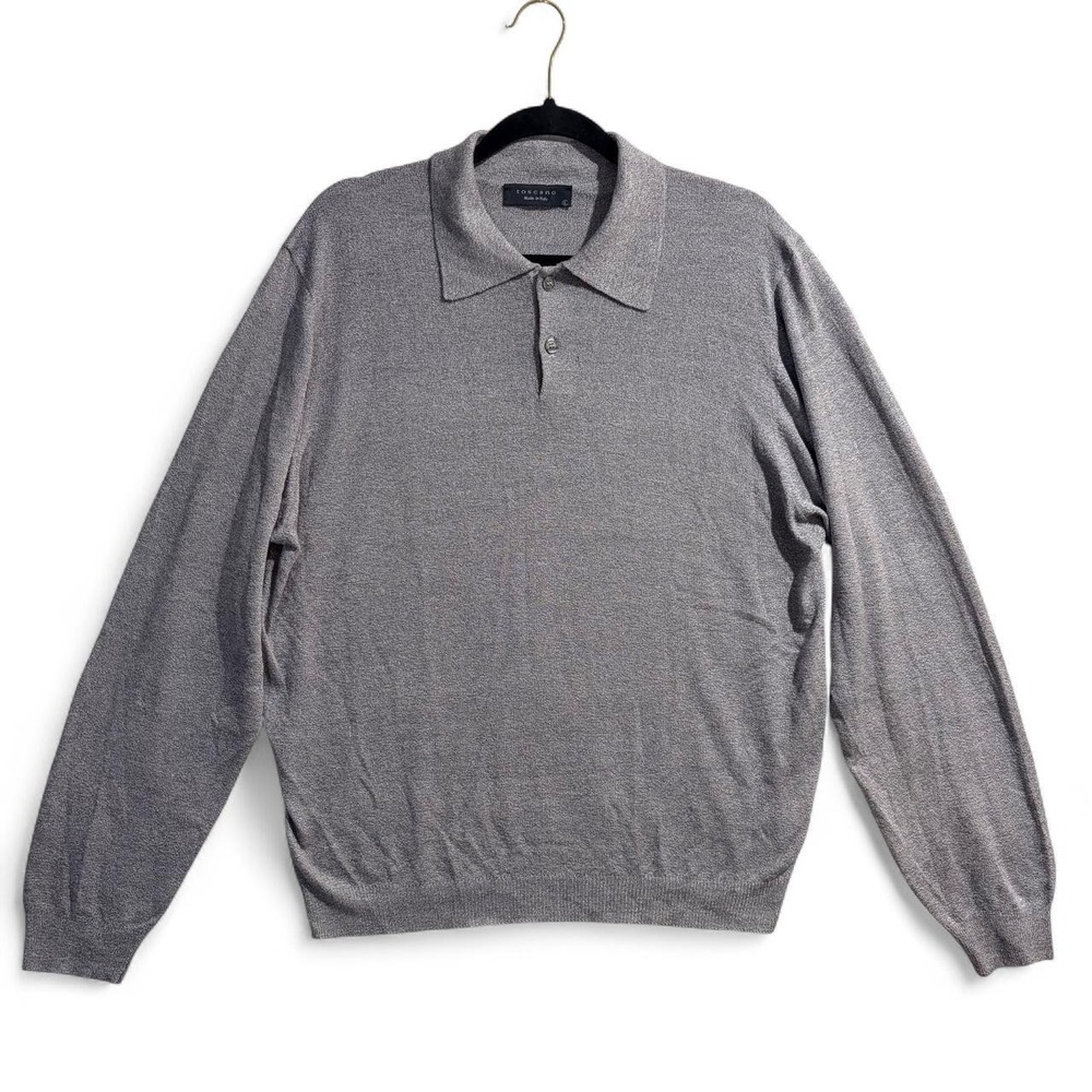 Toscano Gray Long Sleeve Polo Sweater Mens Large Made in Italy Lightweight Knit